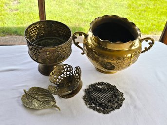 Item 96 Ensemble Of Five Exquisite Brass Pieces: Tallest 7', Metal Crafters Mulberry Leaf Design, Height 0.75