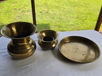 Item 99 Brass Pieces (Small & Big Vase With A Plate): Heights From 1 1/4' To 7' -  Made In Hong Kong