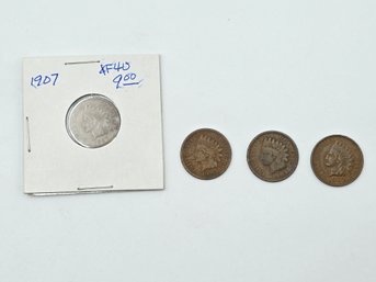 Item 9 'Indian Head'Pennies Set:1902, Two 1903 Varieties, 1907 With 4 Full Diamonds & A Grade Of 40,cat. #900