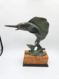 Item 200 Vintage Solid Brass Swordfish Statue Figurine Large 13x4.5x15' Tall - Made In Korea