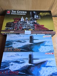 Collection Of Three Unsealed Model Kits: Trains And Naval Models- The General Steam Locomotive And Other