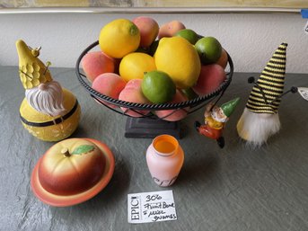 Lot 306 Assorted Lot Of Fruit Bowl Decoration And Gnomes