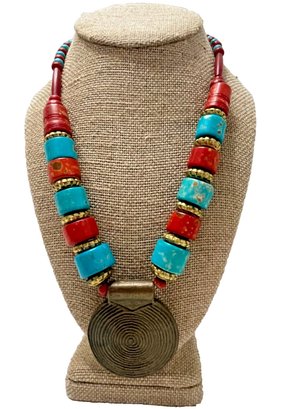 Tibetan Style Necklace, Turquoise And Red Chunky Beads With Brass Swirl Pendent
