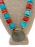 Tibetan Style Necklace, Turquoise And Red Chunky Beads With Brass Swirl Pendent