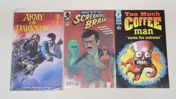 3 Comic Books: Army Of Darkness, Man With The Screaming Brain, & Coffee Man