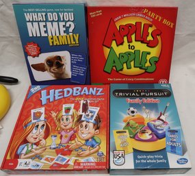 4 Board Games: Apples To Apples, What Do You Meme, Hedbanz, Trivial Pursuit