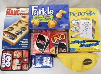 Set Of Family / Party Games Including Farkle, Mancala, Sushi Go, Uno, Pictionary, And Bananagrams