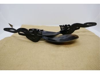 Pair Of Carved Horn Dragon Serving Spoons