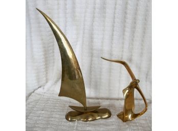 Set Of 2 Brass MCM Sculptures - Sailboat And Seagull