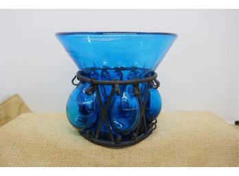 Blue Hand Blown Caged Glass Vase