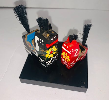 Antique Lacquer Painted Horses W/ Wire Accents On Black Base Something Special From Japan