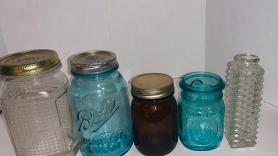 Vintage Jar & Bottle Assortment Coffee Jar, Fancy High Riser, Blood Red W Lid, Purple Mason W/ Lid & Unknown