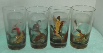 4 Colorful Hand Painted  & Signed Glasses W/ Assorted Ducks Types Circa 1949-50