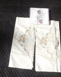 Three Vintage Embroidery Pillow Cases One Is New In Package