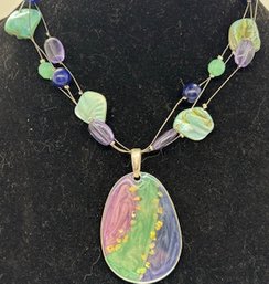 Necklace With Various Beads,  Abalone, With Purple, Green, And Blue Pendant