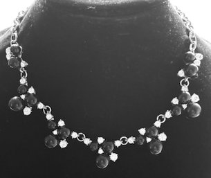 Black Glass Bead And Crystal Necklace