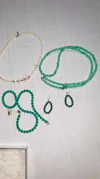 Three Necklaces One Coral Type W Matching Earrings 1 Puka Shell Necklace & A 3rd Round Stones One