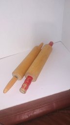 IT'S THE LAW   Read..Two Vintage Wooden Rolling Pins Both With Wooden Handles One Painted Red & OLD