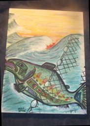 Mike Krise Original Painting Salmon Caught In A Net 16'  X 12'