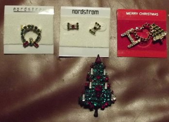 Four Piece Christmas Season Package Nordstrom Earrings & Brooch Bon Brooch & Unmarked Tree