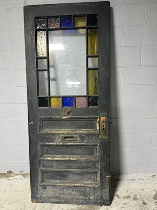 Antique Entrance Door Colored Glass And Doorbell