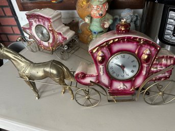 Pair Of Mcm Carriage Porcel And Metal Clocks