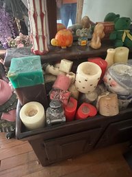 Large Lot Of Candles Ans Wood Cabinet