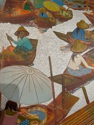 Thai Woodblock Market Carved Painting Nanoon Mid Century
