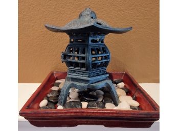 Cast Iron Pagoda Lantern W/Ceramic Tray