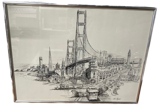 A Classic Golden Gate Bridge Sketch Art Work, Framed And Signed - 24.5x19