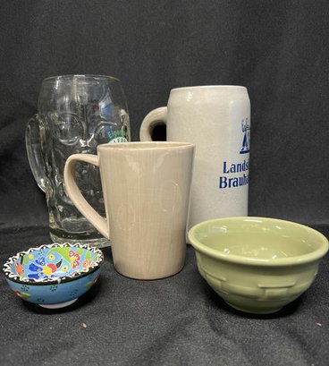 Glass And Ceramic Pitcher, Ceramic Mug, And Ceramic Small Bowls