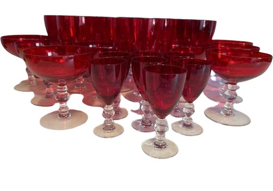 Rare 1950's Venetian Murano Red Glass Twisted Foot Wine Glasses & Goblets