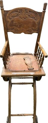 Antique Oak Child, Folding Highchair With Cast Iron Wheels