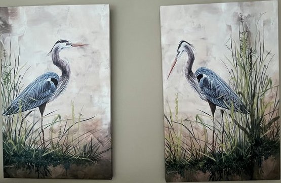 Pair Of Crane Artwork: Prints On Canvas. 47x30