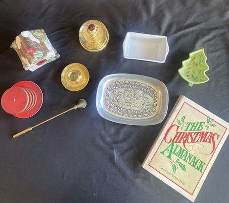 Christmas Book, 2 Dishes, Metal Tray, Brass Candlesticks And Snuffer, Candle And Birdhouse Candle Holder.