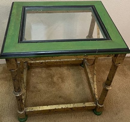 Green & Gold Tone Metal & Glass Side Table. 18x14x20