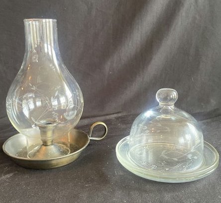 Etched Glass Candle/lantern 9tall And Butter/cheese Dish 5 Tall .
