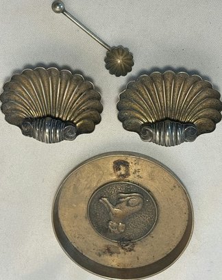 2 Tiny Scalloped Dishes With Spoon, Brass Dish With Dog
