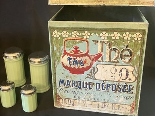 The Marque Deposee Tea Box And Jadeite Green Sugar Pourers & S&P Shakers.