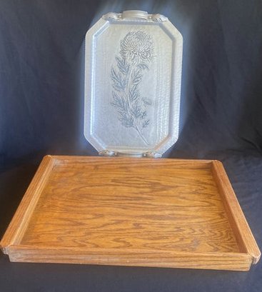 Wooden Tray 21.5x14  Pewter Floral Tray 18.5x12.5