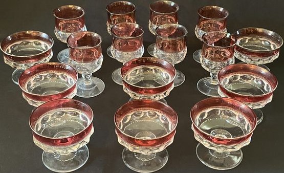 Collection Of Cranberry Thumbprint Glassware, Small Wine Glasses & Dessert Glasses.