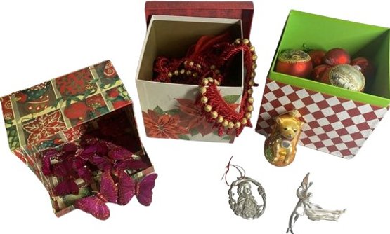 3 Christmas Boxes Filled With Butterflies, Fringe And Bead Garland, Miscellaneous Ornaments.