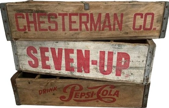 Three Vintage Wooden Bottle Crates From Pepsi-Cola, Seven-Up & Chesterman Co.