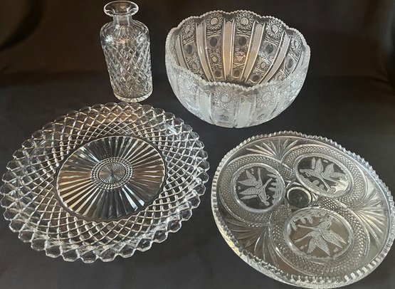 Cut Glass Bowl, Serving Plates & Vase
