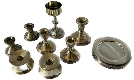 Collection Of Varied 'Silver' Plates & Candle Holders, Rogers By Oneida Ltd, Preisner Sterling, Crown & More