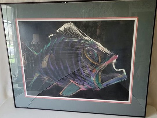 Pastel Fish Drawing . Glass Is Broken, Frame Intact. 31'x39'