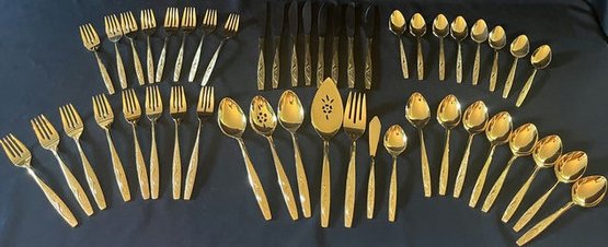 Set Of Japan Northlane Stainless Gold Tone Silverware. Service For 8 Plus Serving Utensils.