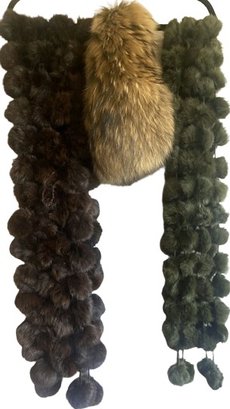2 Faux Fur Scarves, 1 Dark Brown And 1 Dark Green.  Faux Fur Collar.