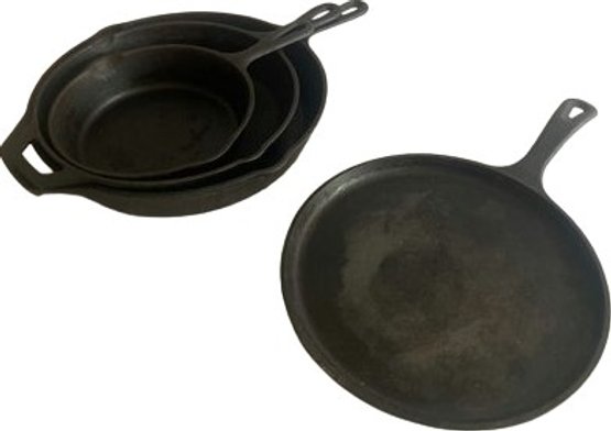 4 Cast Iron Skillets. (3 Are Lodge). See Photos For Sizes.
