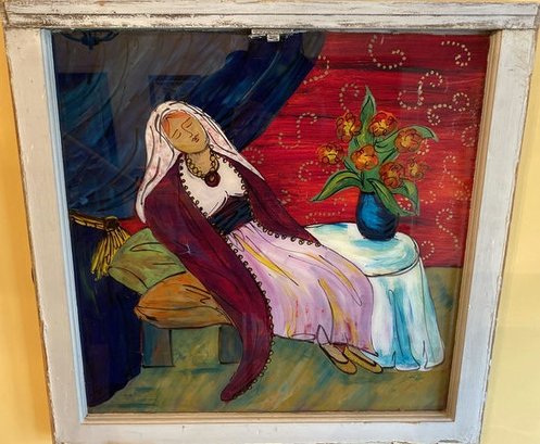 Acrylic Painting On Glass Window Pane Lady In Repose (By Artist Melanie Hutchison)-28x27